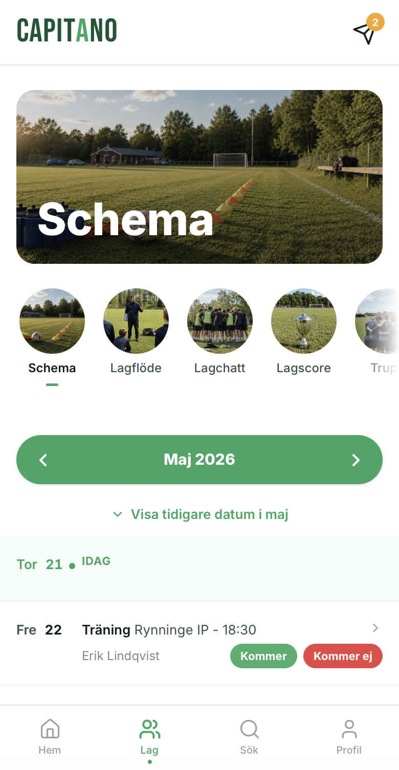 Capitano-appen med lagets schema