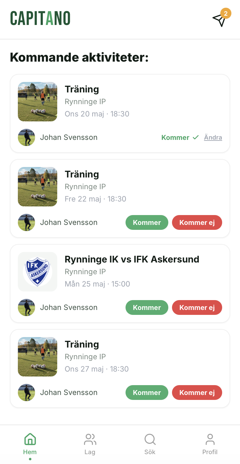 Matchkallelse i Capitano med svar från spelarna