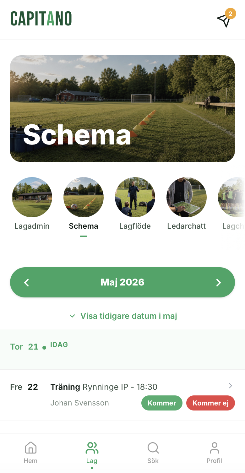 Schemavy i Capitano med träningar och matcher
